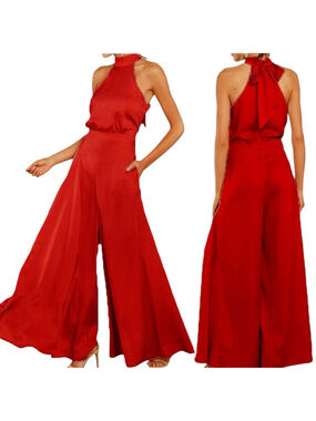 S-DEER Scarlet Satin Wide Leg Halter Jumpsuit, L, 
Palazzo Glamour